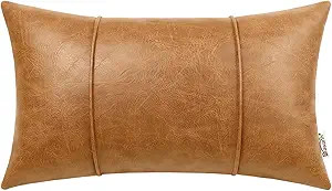 BRAWARM Tan Leather Throw Pillow Covers 12 X 20 Inches - Faux Leather Lumbar Pillow Cover with Pi... | Amazon (US)
