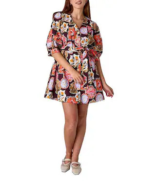 CROSBY by Mollie Burch Lennie V-Neck 3/4 Sleeve Stamp Print Shirt Dress | Dillard's | Dillard's
