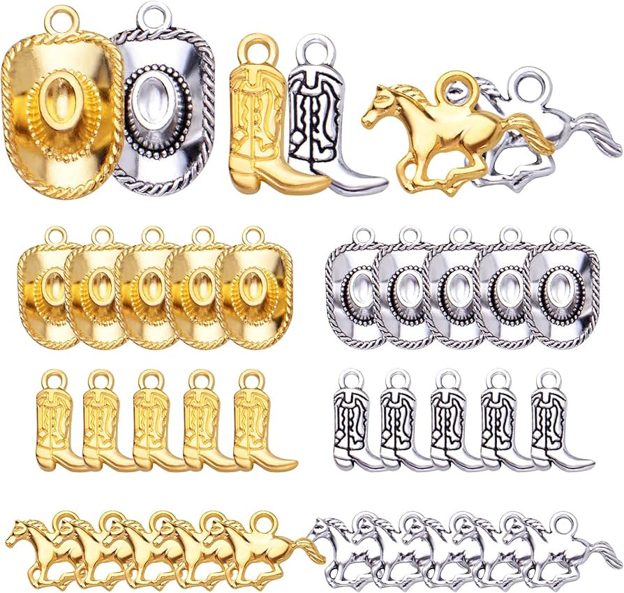 60pcs 3 Styles Western Cowboy Charms Tibetan Alloy Horse Hat Pendants Vintage Cowboy Boot Charms Crafts Supplies for DIY Bracelet Necklace Jewelry Making, Antique Silver, Antique Gold | Amazon (US)