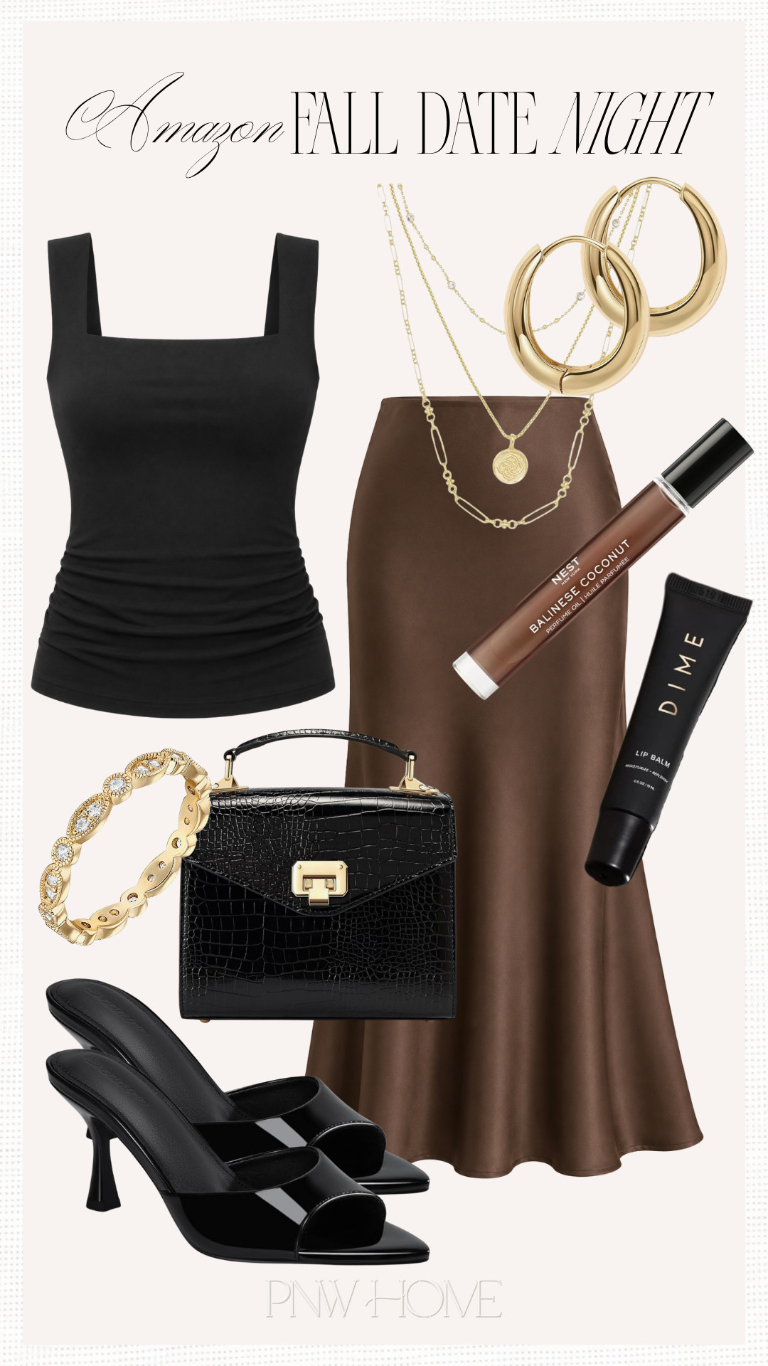 What I'm loving for a fall date night look from Amazon!

fall fashion, fall style, fall outfit, fall looks, date night outfit, black tank top, brown satin skirt, midi skirt, black sandals, black shoes, high heels, peep toe shoes, gold ring, gold earrings, hoop earrings, layered necklaces, roll on perfume, women's fragrance, lip gloss, lip balm, black handbag 

 #LTKgrwm #LTKootd #LTKSeasonal