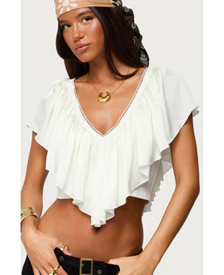 Edikted Womens Deena Ruffled V Neck Top - Macy's | Macy's