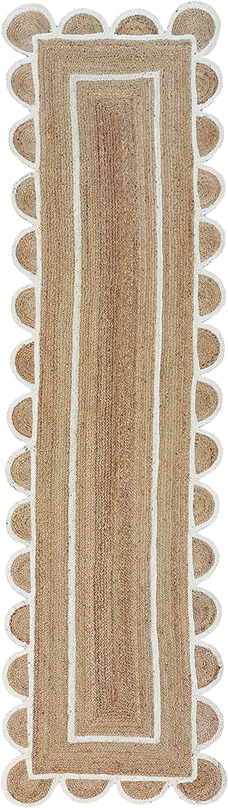 Scalloped Natural Jute Area Rug, Natural Base Off White Trim (2'6"x8') | Amazon (US)