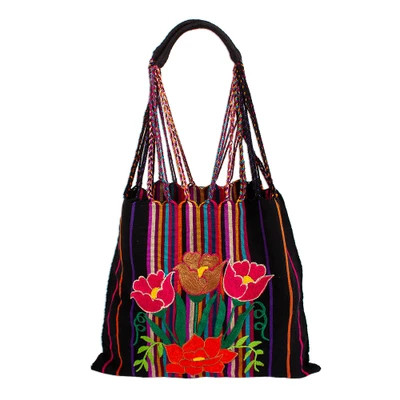 Poppy Embroidered Handwoven Black Cotton Mexican Morral Tote | NOVICA