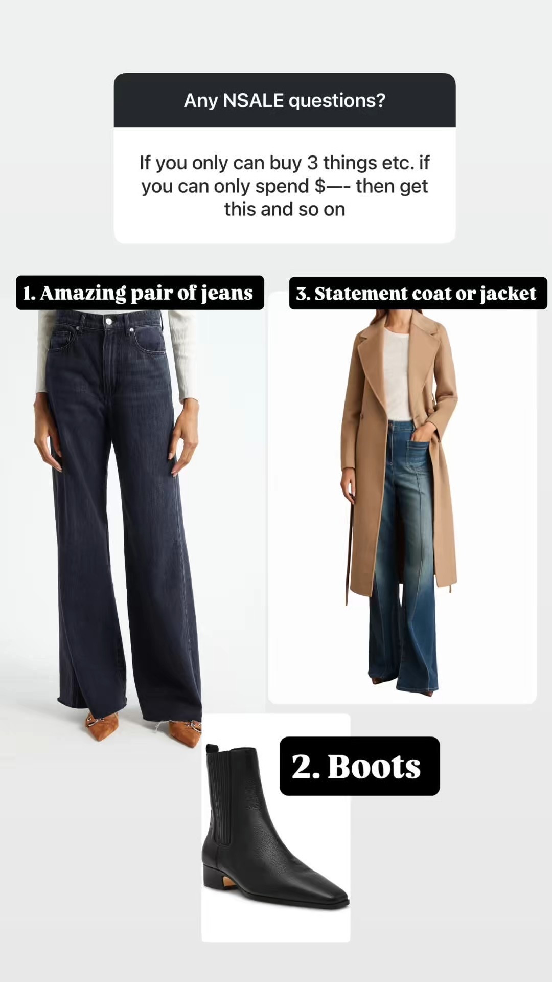If I could only buy three things during the Nordstrom anniversary sale, here’s what I would buy! 
1: an amazing pair of jeans, 
2:a statement pair of boots 
3. a statement jacket or coat these are all neutral, versatile pieces that can be worn with so much in your wardrobe, and are the foundation of an amazing outfit👏🏻

#LTKOver40 #LTKSaleAlert #LTKStyleTip