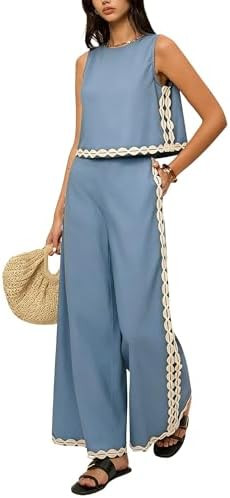 Tanming Two Piece Sets For Women Summer Beach Boho Sleeveless Tank Crop Top Wide Leg Pants Vacati... | Amazon (US)