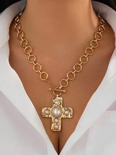 Hammered Thick Cross Necklace Set, Chunky Chain Necklace Suitable For Men And Women, Gold/Silver ... | SHEIN