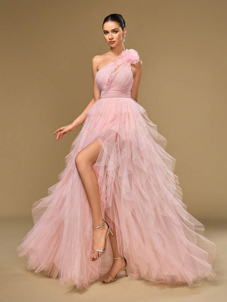 Elasola Elegant & Charming Pink Mesh Ballgown Dress, Sleeveless, Asymmetric Neckline, Ruffle Trim, Slit, Long Design | SHEIN