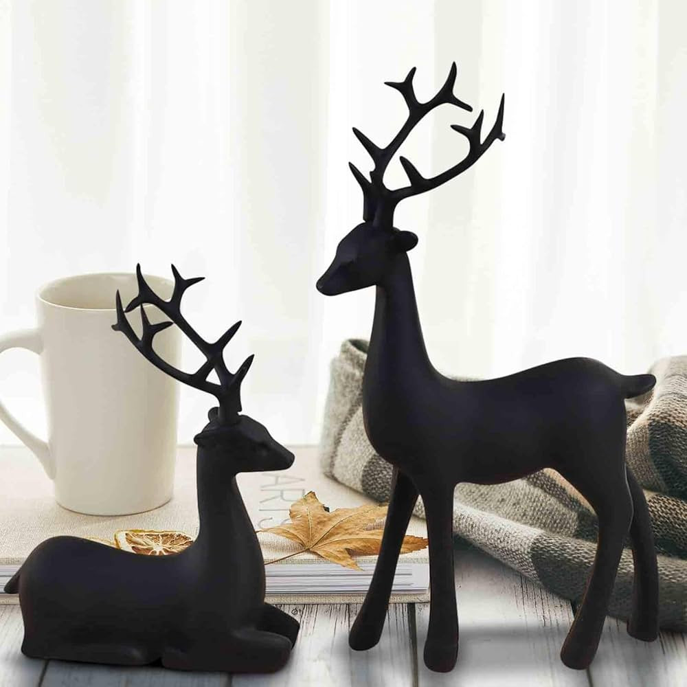 2PC Black Christmas Resin Sitting Standing Deer Statue, Cute Reindeer Figurines Deer Decorations ... | Amazon (US)