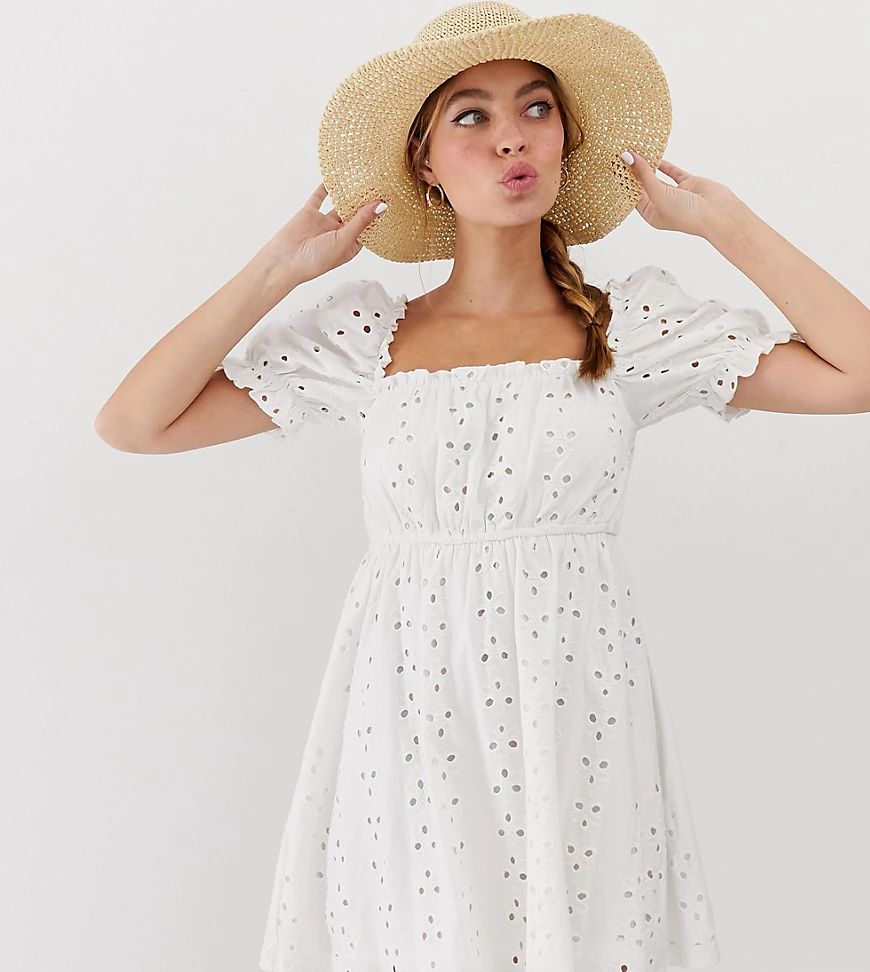 ASOS DESIGN Petite prairie broderie mini dress-White | ASOS (Global)