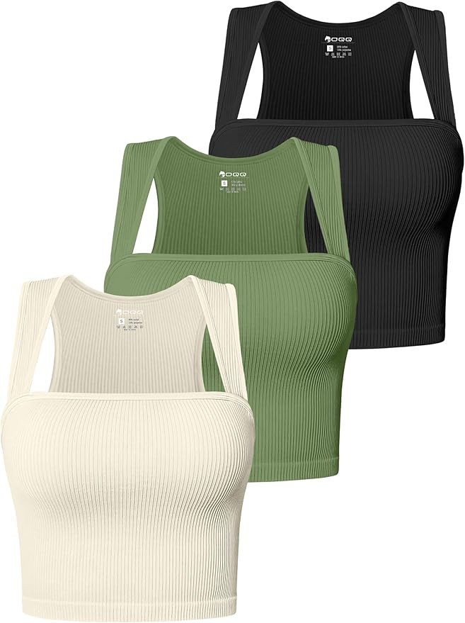 OQQ Women's 3 Piece Tank Tops Strappy Sleeveless Square Neck Stretch Tee Shirts Crop Camis | Amazon (US)