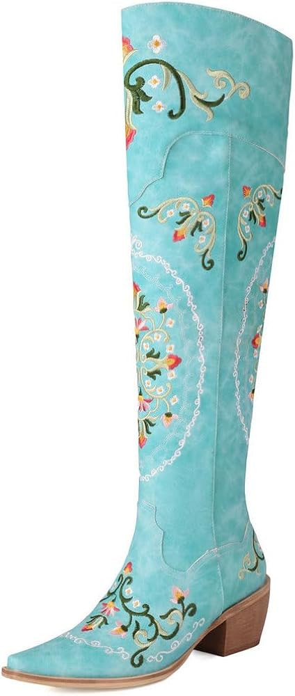 KOKOMOMO Floral Cowgirl Boots Chunky Thigh High Cowboy Over The Knee Embroidered Cowgirl Flower B... | Amazon (US)