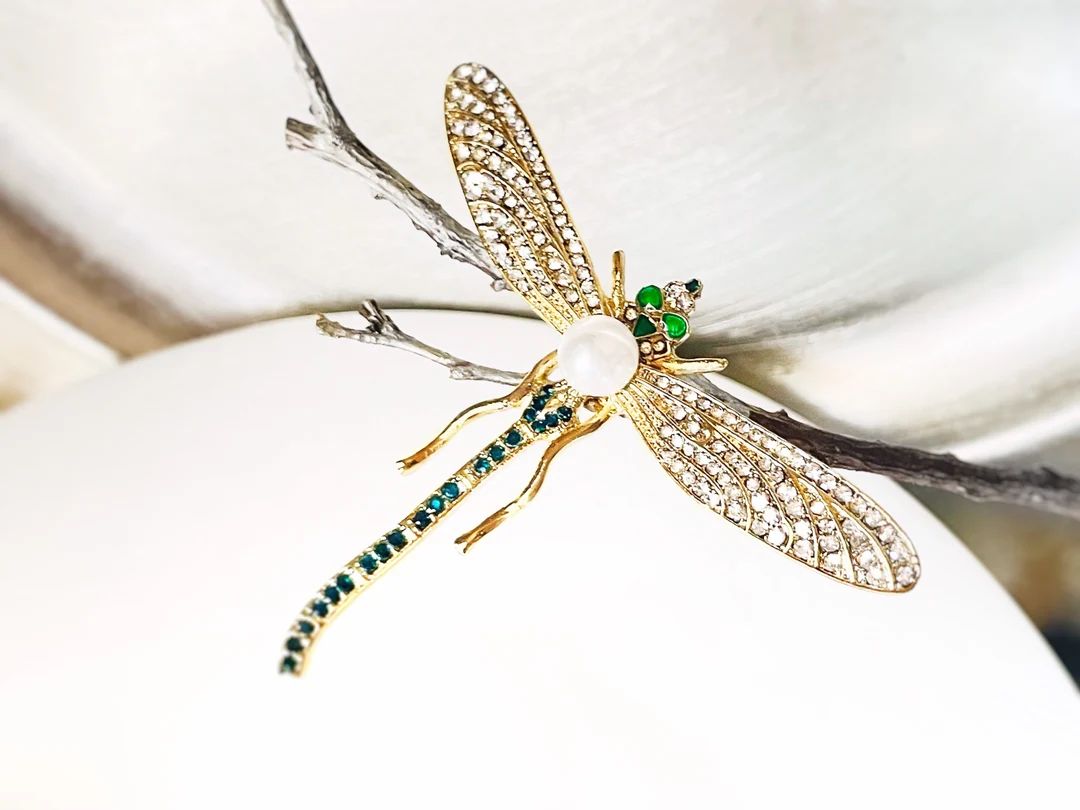 Crystal pearl dragonfly gold brooch gold, large dragonfly white green crystal pin, gift for her, ... | Etsy (US)