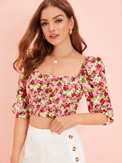 Ditsy Floral Shirred Puff Sleeve Crop Top | SHEIN
