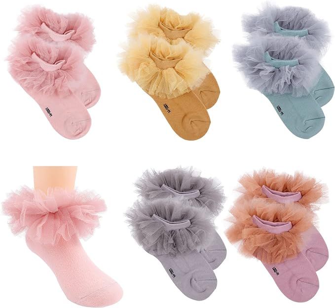5 Pairs Girls ruffle Lace Tutu Socks Toddler Baby Triple Frilly Dressy Tulle Socks Eyelet Turn Cu... | Amazon (US)