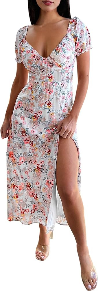 Bonkwa Womens Midi Floral Dress Puff Sleeve Summer Slit Dress Sweetheart Neck Ruched Bust Smocked... | Amazon (US)