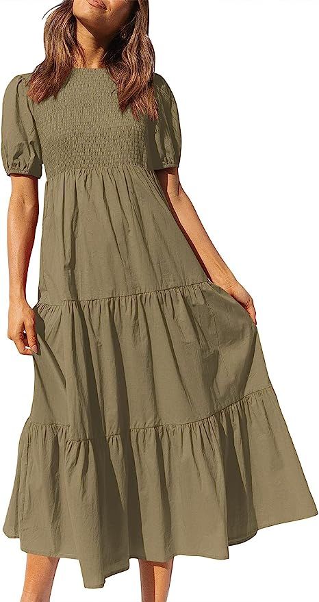 ANRABESS Women's Summer Short Sleeve Crewneck Smocked Sundress Tiered Swing A Line Beach Midi Dre... | Amazon (US)