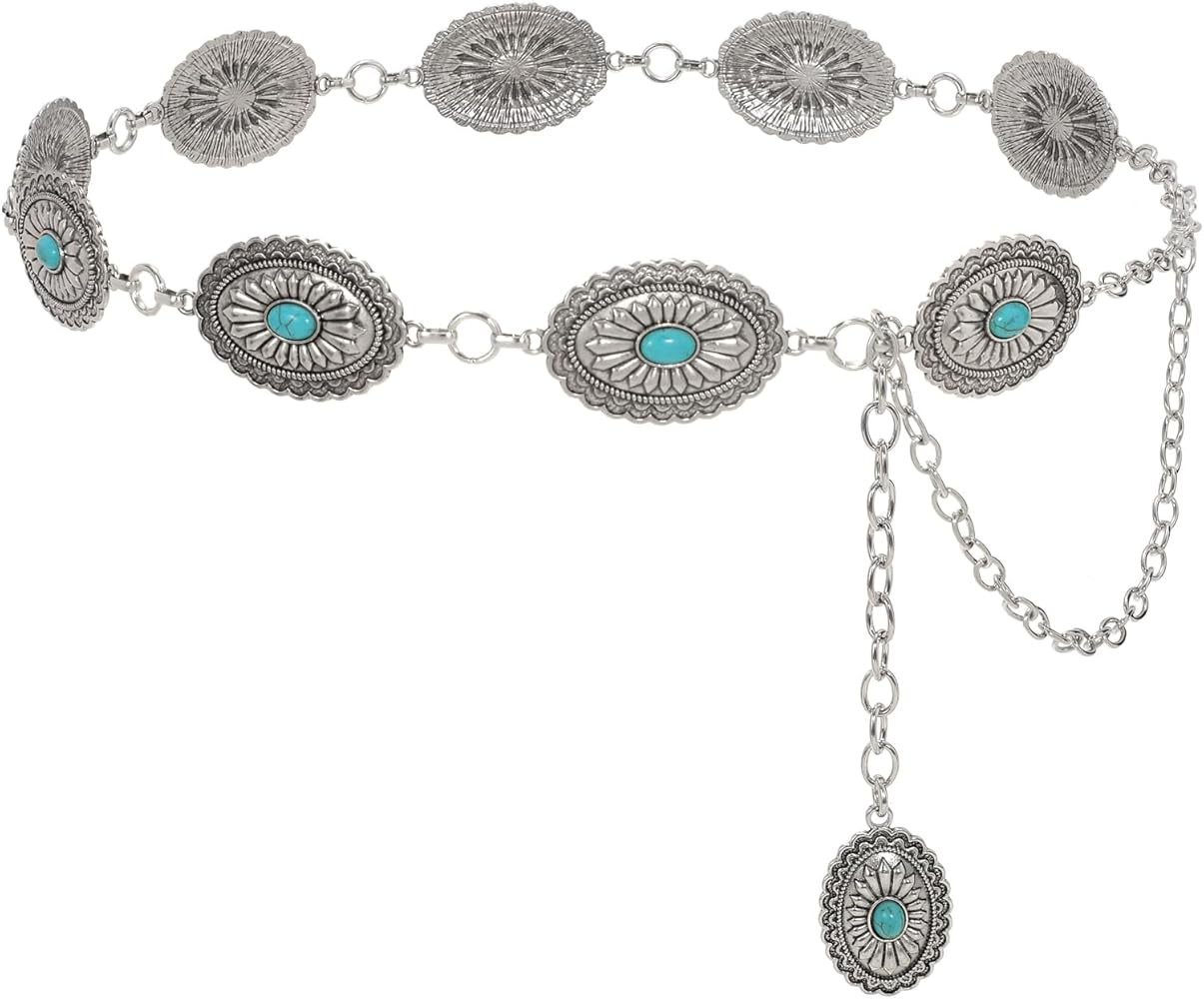 WHIPPY Western Metal Concho Belt for Women Vintage Cowgirl Boho Turquoise Chain Belts for Dresses... | Amazon (US)