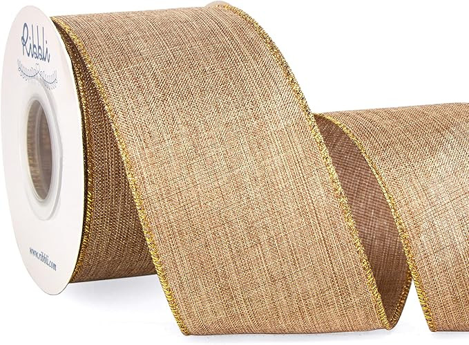 Ribbli Metallic Beige Linen Wired Ribbon,2-1/2 Inch x Continuous 10 Yard, Natural Burlap Ribbon w... | Amazon (US)