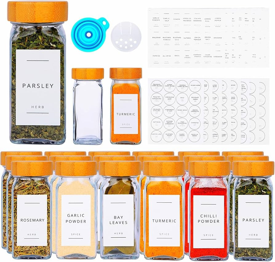 24PCS Bamboo Glass Spice Jars set - Square Glass Jars With Bamboo Lids - Waterproof Labels Sticke... | Amazon (UK)