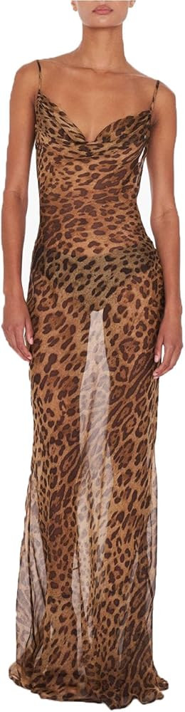 Women's Leopard Print Draped Collar Spaghetti Strap Cami Long Dress Party Rave Prom Perspective M... | Amazon (US)