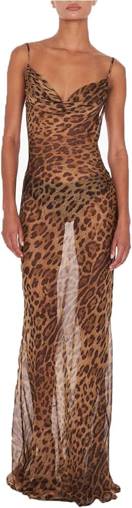 Women's Leopard Print Draped Collar Spaghetti Strap Cami Long Dress Party Rave Prom Perspective M... | Amazon (US)