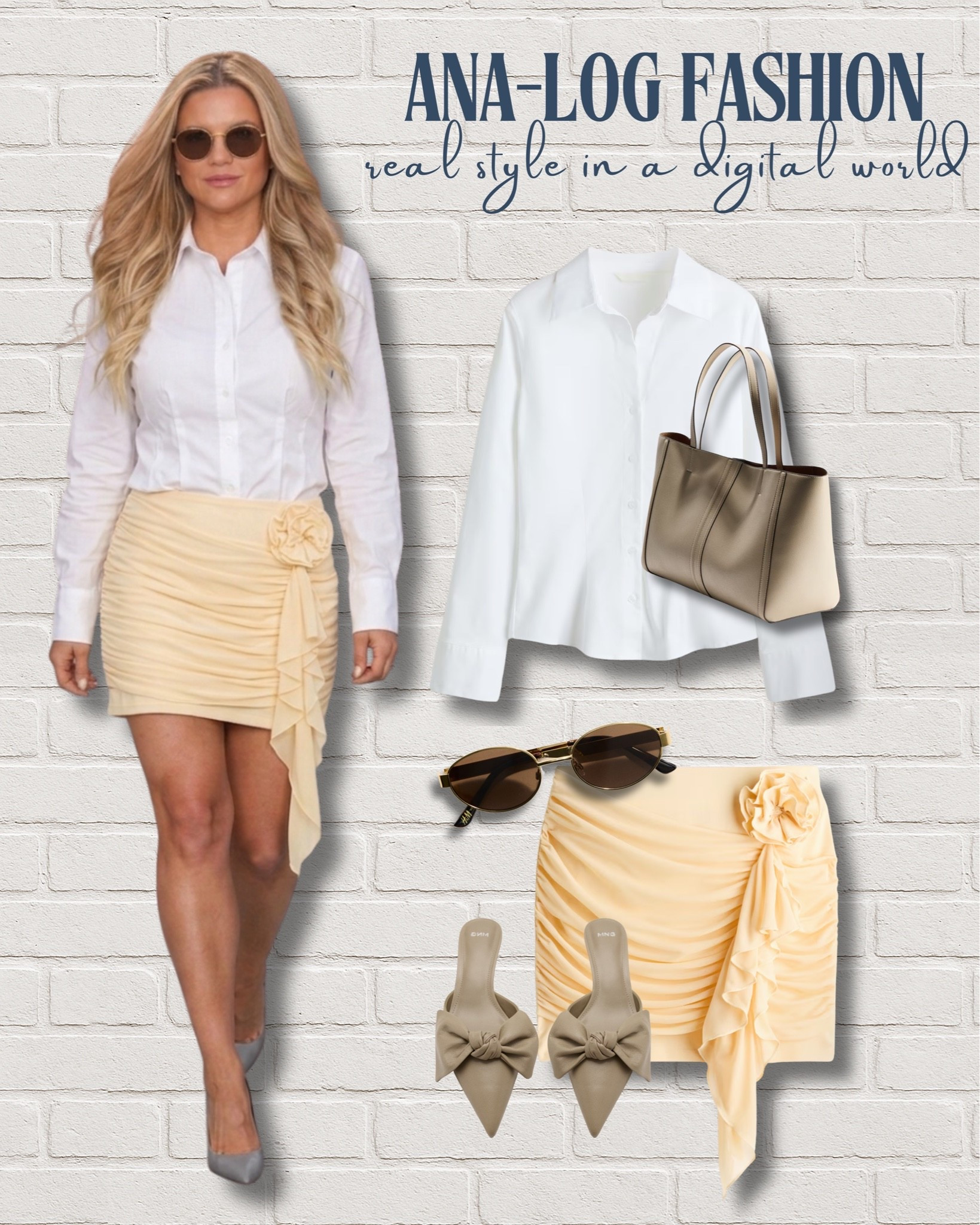 The ultimate blend of classic tailoring and romantic details! This crisp white button-down shirt pairs beautifully with a stunning pastel yellow ruched mini skirt featuring a gorgeous ruffle floral detail. Elevated with chic pointed-toe bow mules, a neutral leather tote, and classic sunglasses, this outfit is perfect for brunch, a stylish daytime event, or date night.

Size & Fit Details:
💛 White button-down shirt has a tailored fit (true to size)
💛 Ruched mini skirt has amazing texture and fits beautifully (wearing size M)
💛 Pointed-toe mules run true to size and add the perfect elegant touch

How to shop: Tap the image to shop the exact items and curated lookalike pieces instantly on the LTK app! 🛍️

XOXO,
Ana Randall 💗

> #LTKunder50 #LTKshoecrush #WhiteButtonDown #RuchedSkirt #MiniSkirt #RomanticAesthetic #ChicOutfits #DateNightInspo #SummerStyle #ClassicStyle #MulesShoes

#LTKstyletip #LTKshoes #LTKstyletip