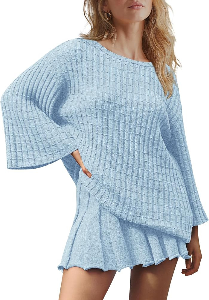 LAMISSCHE Womens Lounge Set Oversized 2 Piece Sweater Skirt Sets Long Sleeve Knit Top Pleated Ski... | Amazon (US)