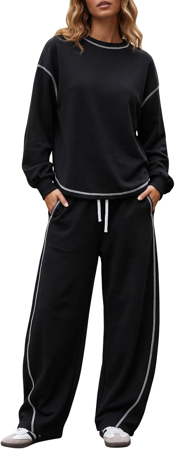 EXLURA Women Fall Cotton 2 Piece Sets Side Split Tops Matching Barrel Pants | Amazon (US)
