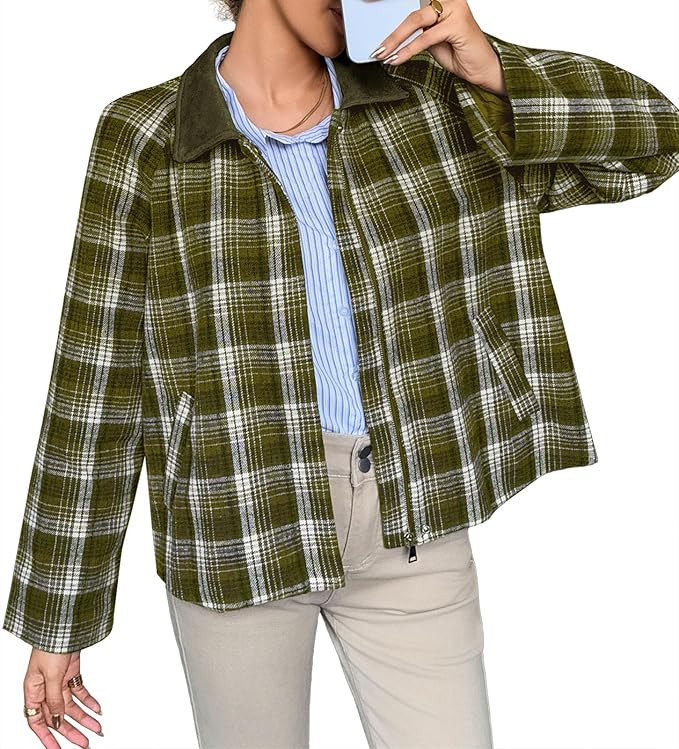 Tankaneo Womens Plaid Cropped Jackets Barn Lightweight Flannel Zip Up Utility Coat Casual Short J... | Amazon (US)
