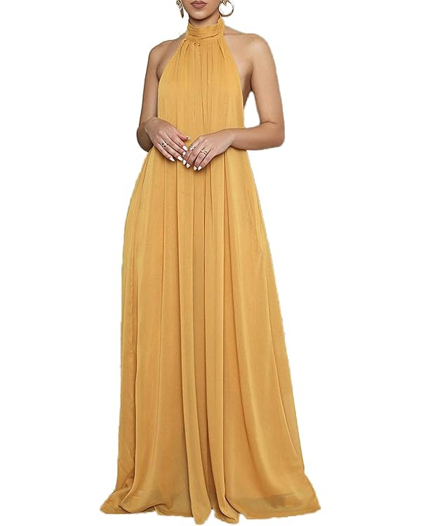 CHARTOU Women's Elegant Loose Fit Chiffon Halter Neck Backless Wide Leg Jumpsuit | Amazon (US)