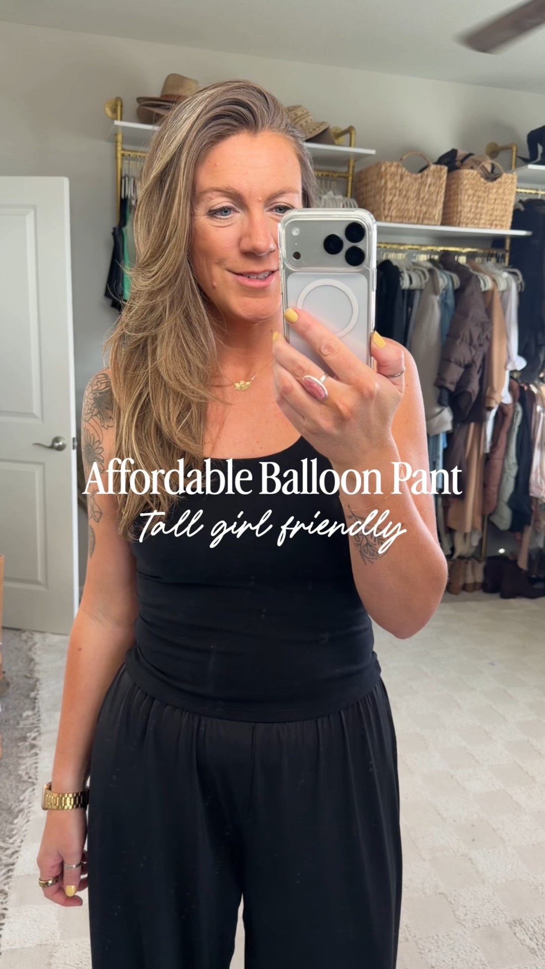 Tall girl friendly balloon pants - 5’11” with a 34” inseam.
Large tank, medium pants 

#LTKTall #LTKOver40