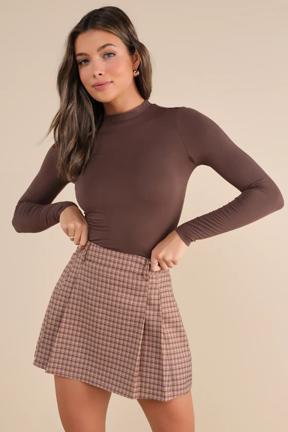 Scholarly Cutie Brown Plaid Pleated High-Rise Mini Skirt | Lulus