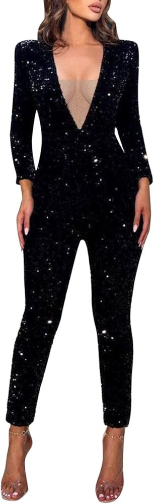 Womens Black Sequin V Neck Sexy Pack Hip Bodysuit Jumpsuit Champagne Jumper Women | Amazon (US)
