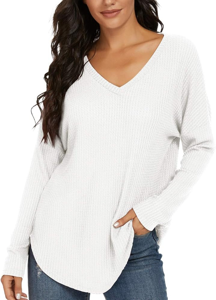 IWOLLENCE Women's Waffle Knit Casual Tunic V Neck Off Shoulder Shirt Batwing Sleeve Loose Pullove... | Amazon (US)