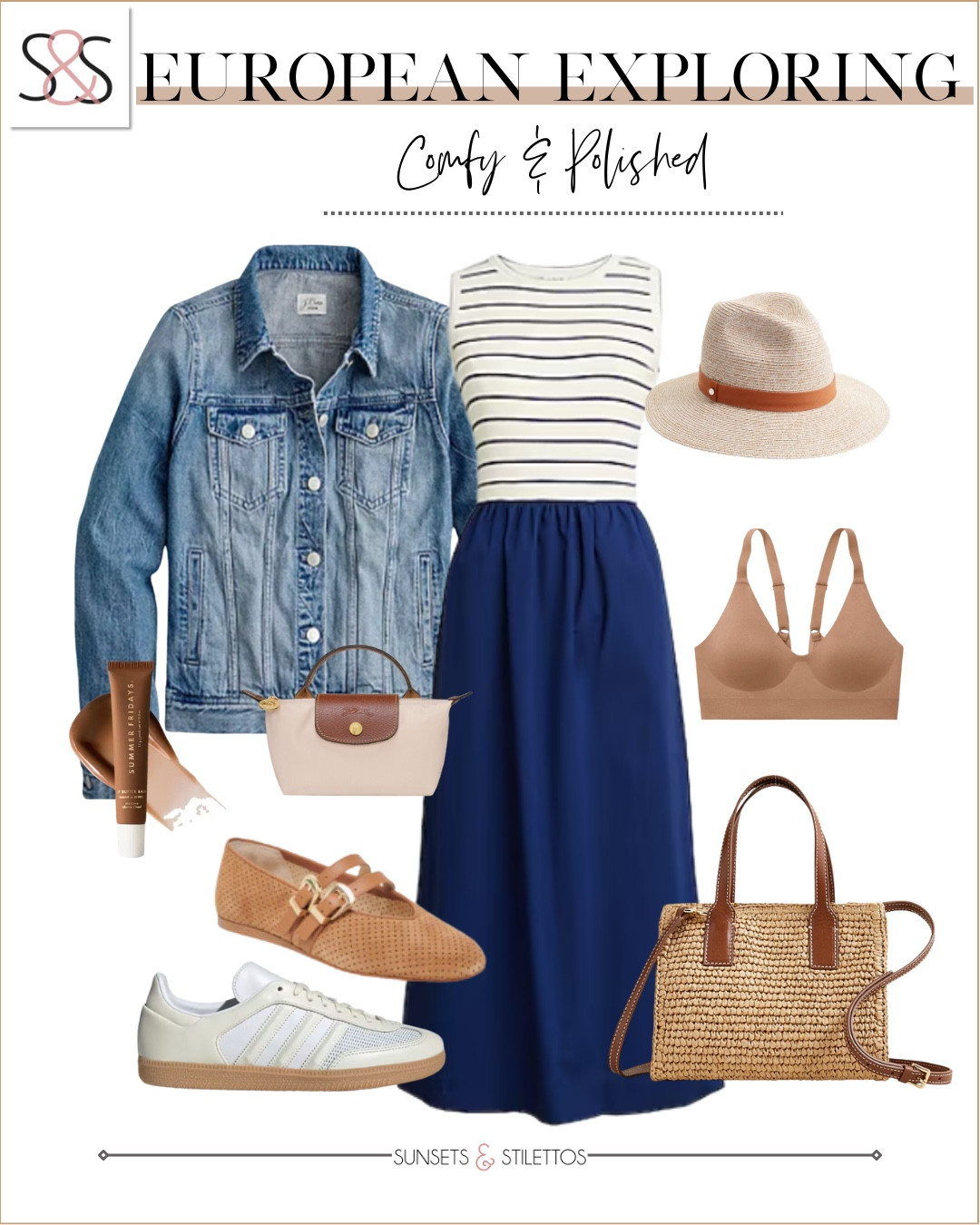 Comfy and polished for a day of walking and sightseeing. A striped tank and navy midi skirt create an easy base. Add sneakers, a straw bag, and a denim jacket to stay cool and pulled together.

Sunsets and Stilettos European travel outfit comfortable sightseeing look navy midi skirt striped tank spring travel wardrobe capsule outfits walking outfit ideas teacher on vacation polished travel style

#LTKTravel #LTKStyleTip #LTKOver40