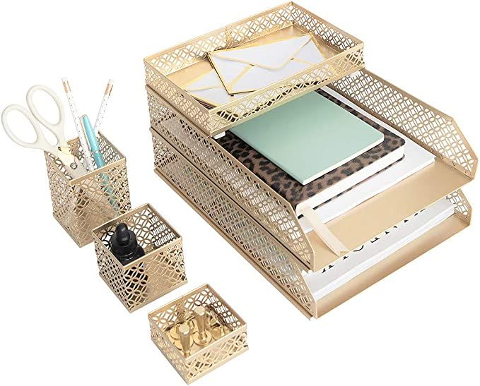 Blu Monaco Office Supplies Gold Desk Accessories for Women-6 Piece Interlocking Stylish Desk Orga... | Amazon (US)