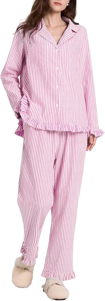 Womens Cotton Pajama Sets Long Sleeve Button Down Striped 2 Piece Pjs Ruffle Sleepwear with Long ... | Amazon (US)