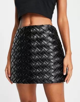 Topshop premium leather look woven mini skirt in black | ASOS (Global)