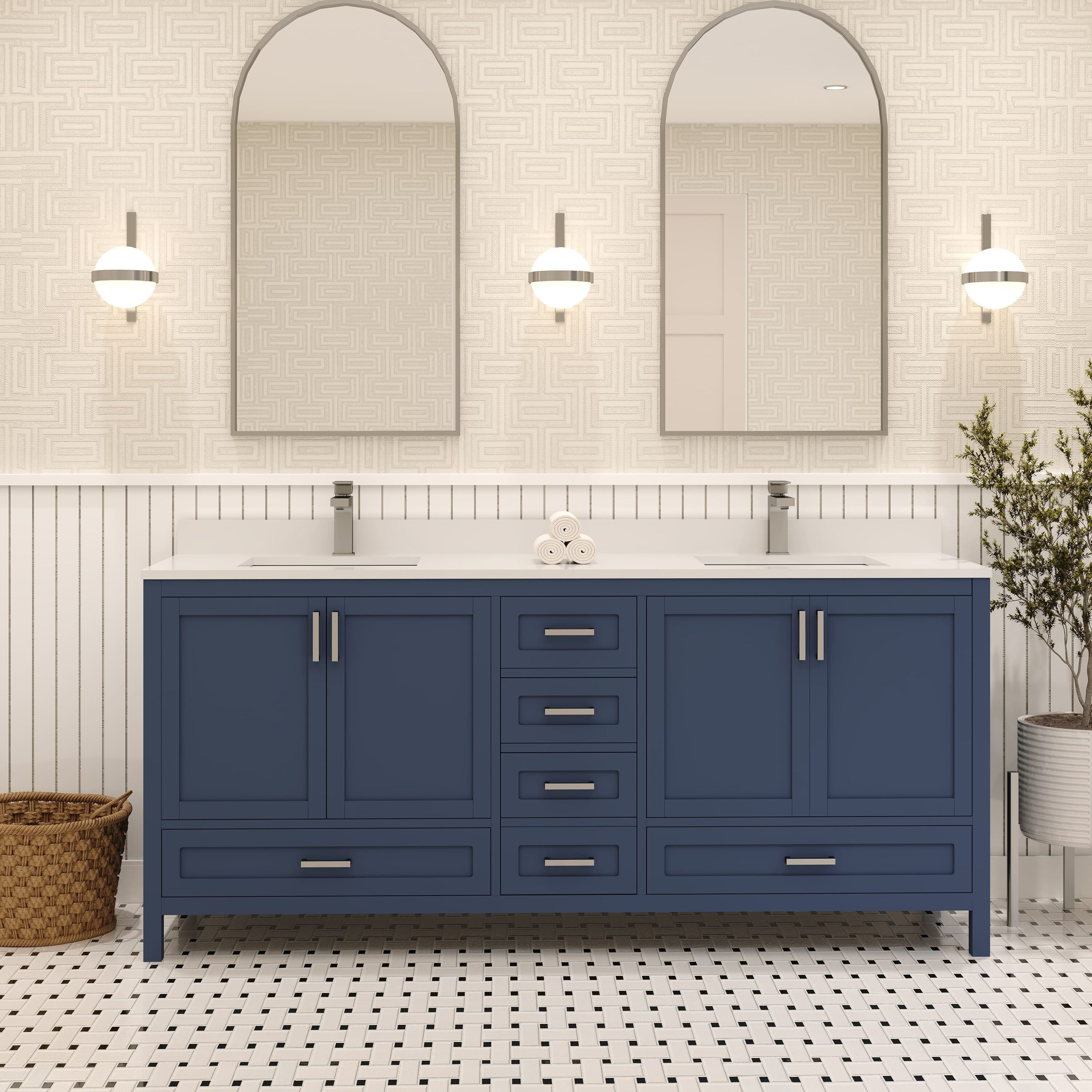 Ayna Decors 72-in Navy Blue Undermount Double Sink Bathroom Vanity with White Quartz Top | AVR72NB3002 | Lowe's
