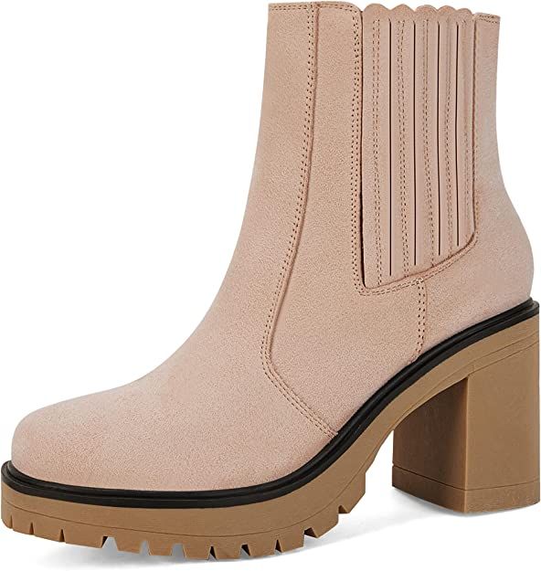 Amazon.com | Womems Platform Lug Sole Ankle Boots Chunky Block Heel Combat Cozy Round Toe Chelsea... | Amazon (US)