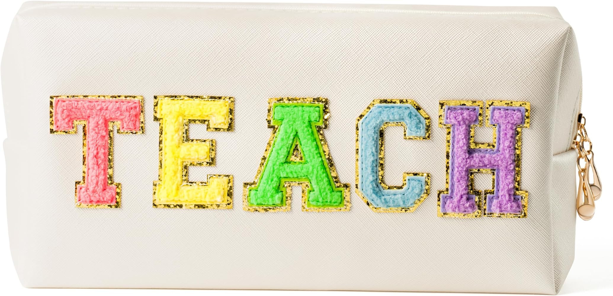 CY2SIDE Colorful TEACH Letter Patch Makeup Bag Shell Gold PU Leather Patch Cosmetic Bag with TEAC... | Amazon (US)