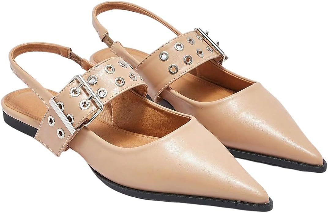 Floerns Women's Buckled Straps Pointed Toe Slingback Flat Ballerina Shoes | Amazon (US)