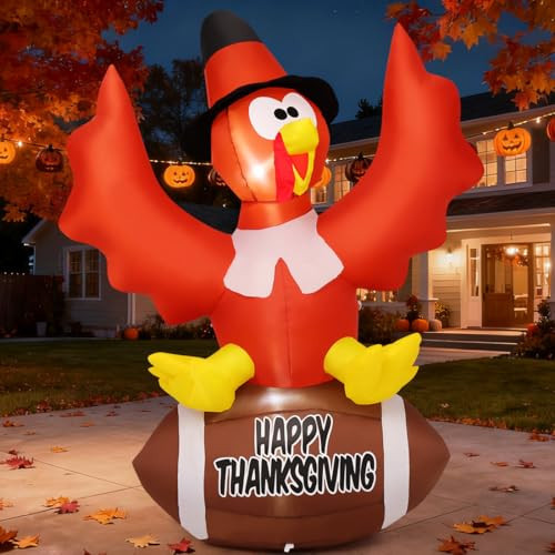 GOOSH 5 FT Thanksgiving Inflatables Turkey Outdoor Decorations Blow Up Yard Turkey with a Rugby with Built-in LEDs for Indoor Party Garden Lawn Decor | Amazon (US)