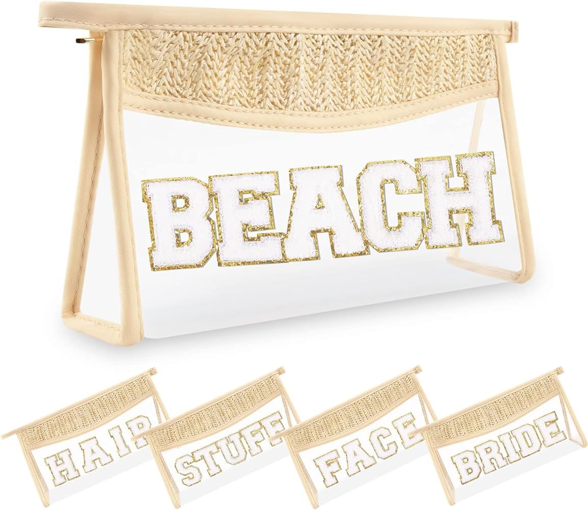 Small Boho Straw Clear Beach Makeup Bags for Women&Girls, Zipper Cosmetic Bag Chenille Varsity Le... | Amazon (US)