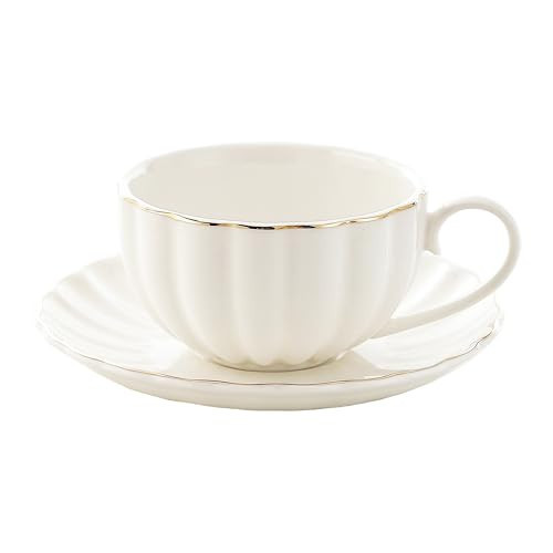 Generic Bloosnow 8oz White Porcelain Coffee Cup with Saucer,Gold Trim Ceramic Coffee Tea Cup and Saucer for Gift,Party, Large, HFB0002B | Amazon (US)