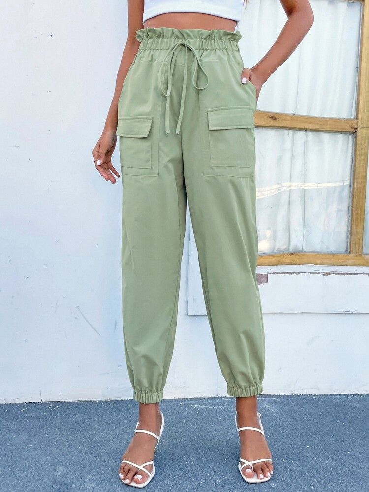 Flap Pocket Tie Front Paperbag Waist Tapered Pants | SHEIN