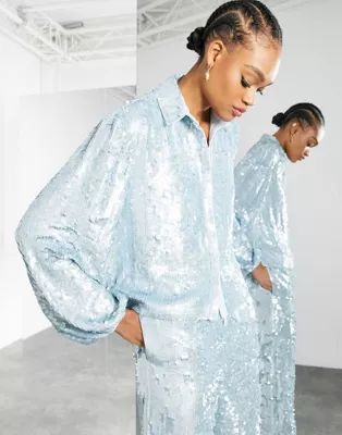 ASOS EDITION coordinating sequin shirt with blouson sleeves in pale blue | ASOS (Global)