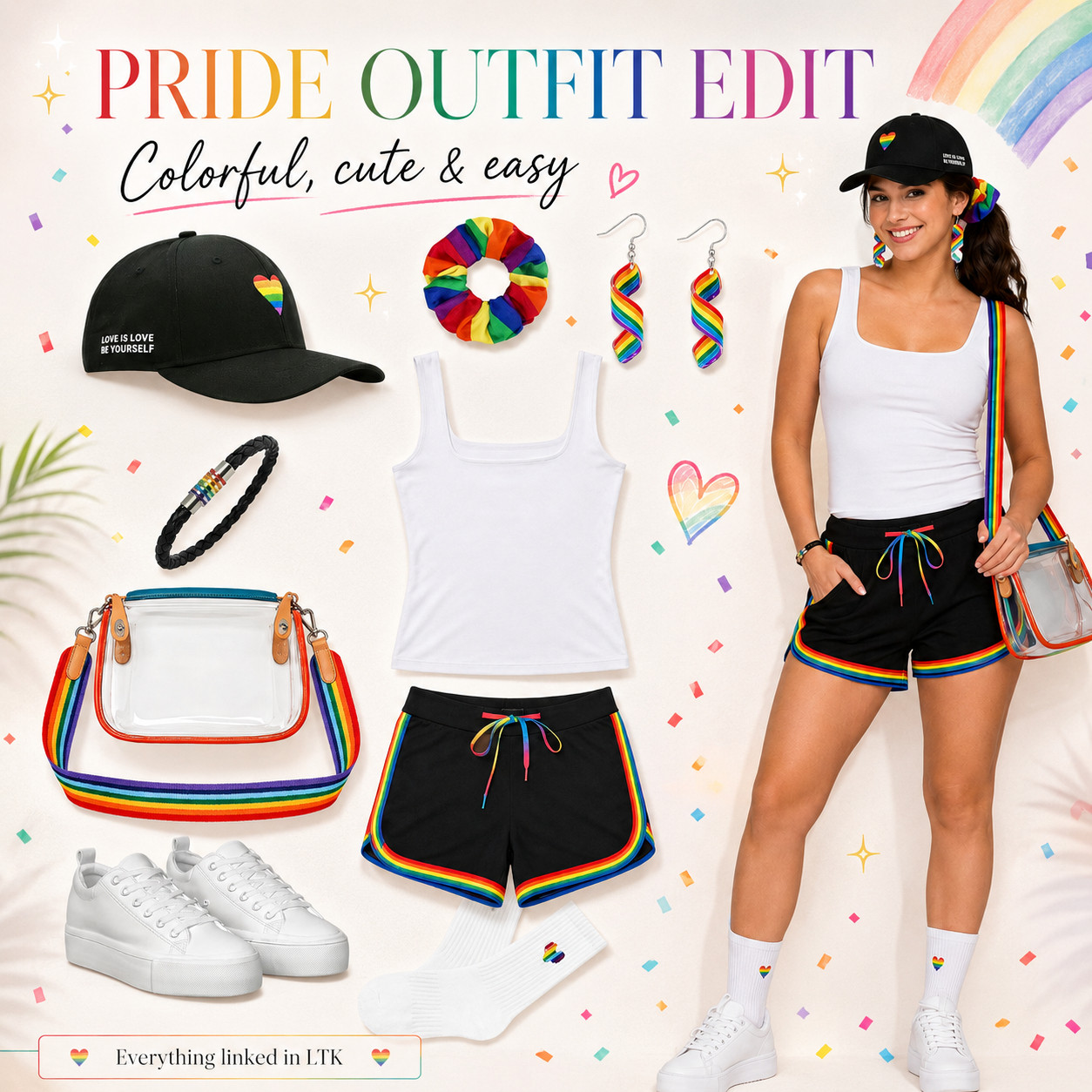 The Chic Pride Outfit Edit Made for Parades, Concerts & Summer Plans! 🌈

This is your June Pride Month outfit formula when you want something colorful, cute, comfortable, and easy to throw together without spending a ton. 

These affordable Amazon finds give you that fun Pride outfit energy without feeling like a one-time costume — rainbow-trim shorts, a simple white tank, white sneakers, a clear stadium bag, colorful accessories, and a cute hat that makes the whole look feel instantly styled.

I love this because it’s the kind of outfit you can actually move in — perfect for Pride parades, June festivals, concerts, summer events, amusement parks, casual weekend plans, girls’ trips, beach town walks, or any day you want a bright summer outfit that feels happy and effortless. 

The pieces are bold enough to stand out, but still simple enough to rewear all summer.

The best part is that everything works together and separately, so you’re not buying pieces that sit in your closet after one event. 

The sneakers, tank, bag, shorts, hat, earrings, and rainbow accessories can all be mixed into other summer outfits, which makes this an easy save if you’re building cute Pride Month outfits or colorful Amazon summer looks on a budget.

I did the digging for you and linked the full Amazon outfit edit so you can recreate the look fast.

↓ Everything is linked!

#LTKActive #LTKSaleAlert #LTKTravel