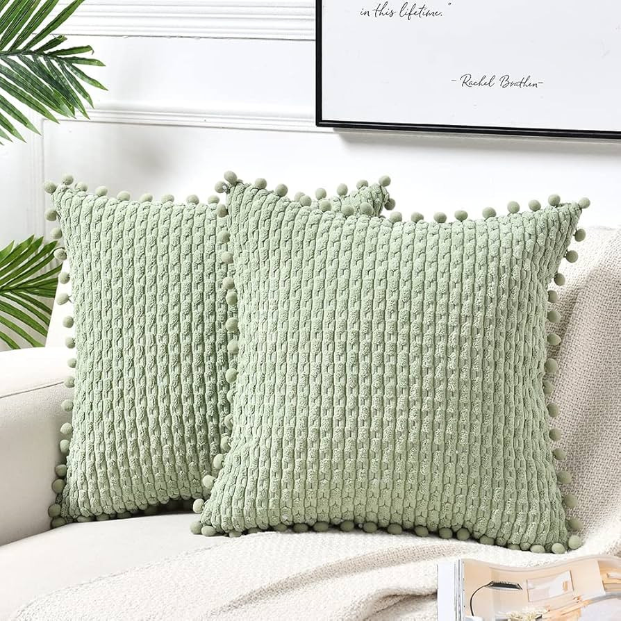Fancy Homi Set of 2 Sage Green Decorative Throw Pillow Covers 18x18 Inch with Pom-poms for Couch ... | Amazon (US)