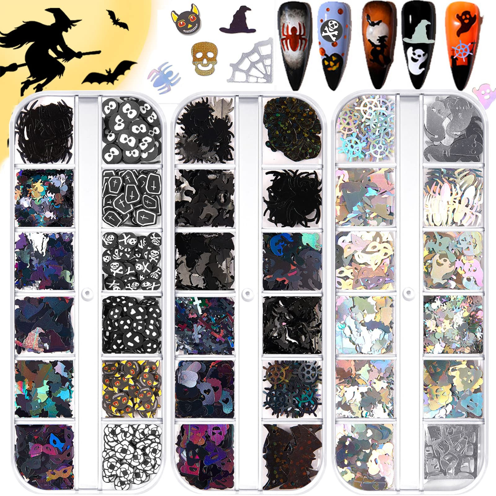 3 Boxes Halloween Nail Art Glitter Sequins, 3D Holographic Pumpkin Skull Ghost Spider Bat Witch C... | Amazon (US)